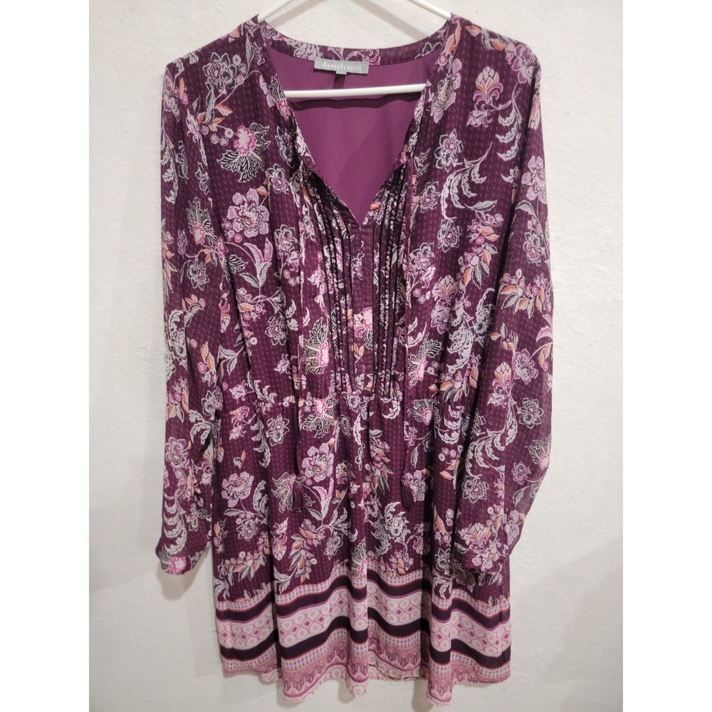 Daniel Rainn Hazel Shirt Dress XL Purple Floral Boho Long Sleeve Pleated Tunic